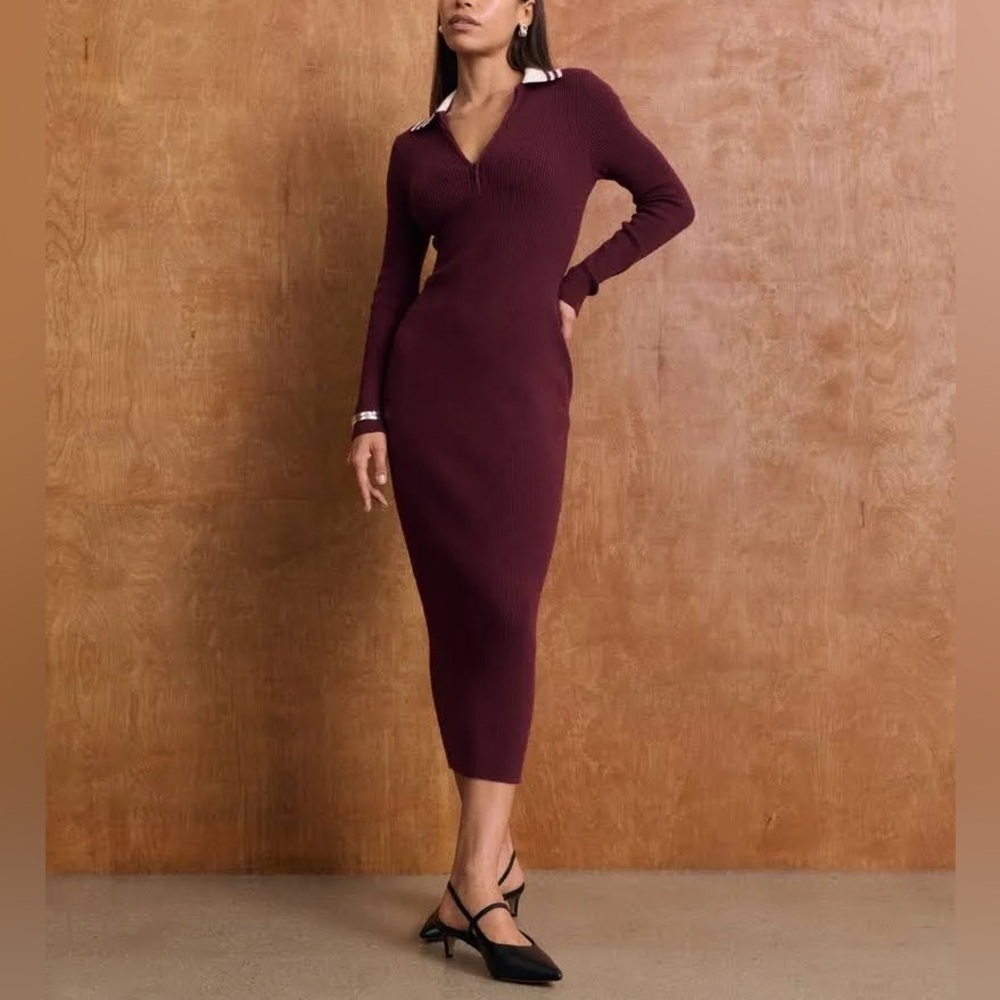 Abercrombie & Fitch Burgundy Ribbed Knit Bodycon Polo‎ Sweater Midi Dress Preppy